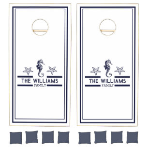 Nautical Navy Blue White Custom Beach House Name Cornhole Set