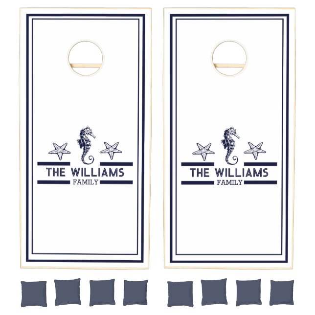 Nautical Navy Blue White Custom Beach House Name Cornhole Set (Set)