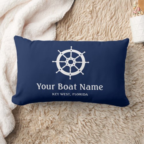 Nautical Navy Blue White Custom Boat Name Lumbar Pillow