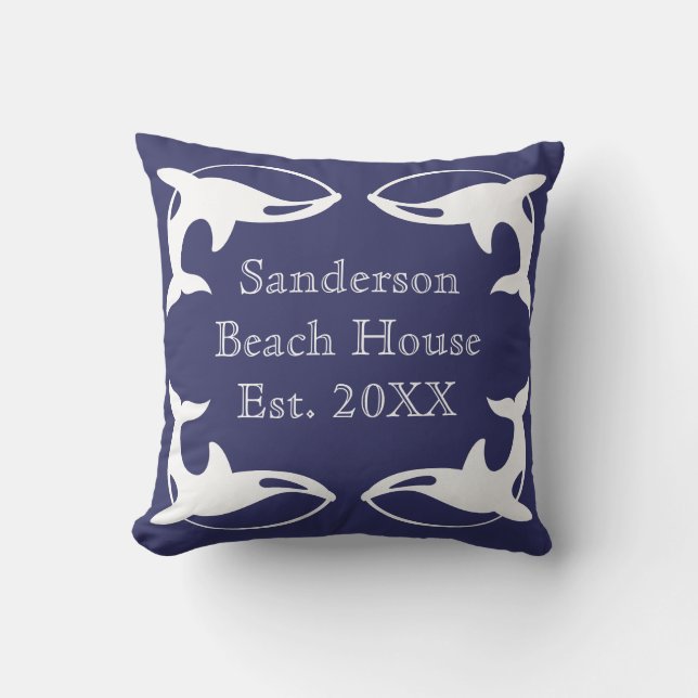 Nautical Navy Blue White family beach house Throw Pillow (Front)