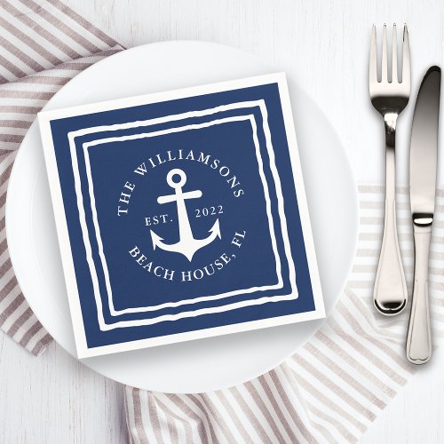 Nautical Navy Blue White Family Name Anchor Napkins