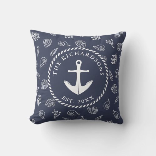 Nautical Navy Blue White Family Name Anchor Outdoor Pillow