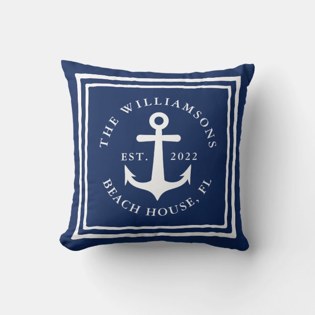 Nautical Navy Blue White Family Name Beach House Throw Pillow (Front)