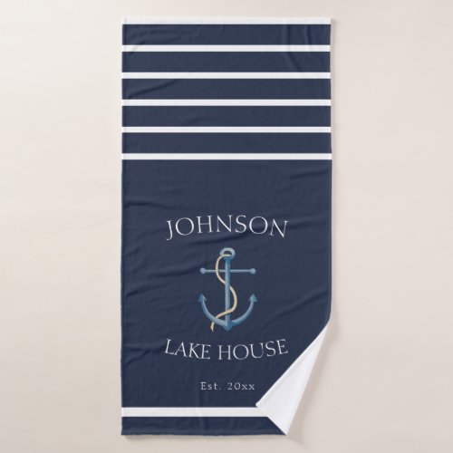 Nautical Navy Blue White Family Name Lake House Bath Towel