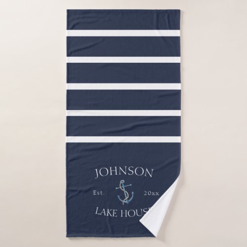 Nautical Navy Blue White Family Name Lake House Bath Towel