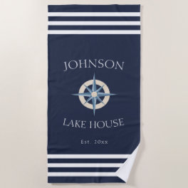 Nautical Navy Blue White Family Name Lake House Beach Towel