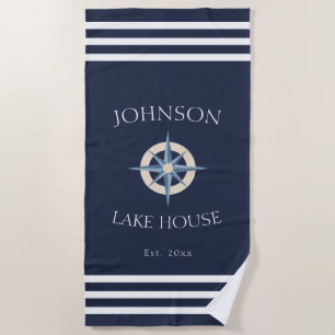 Nautical Navy Blue White Family Name Lake House Beach Towel