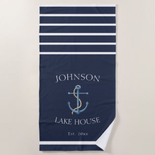 Nautical Navy Blue White Family Name Lake House Beach Towel