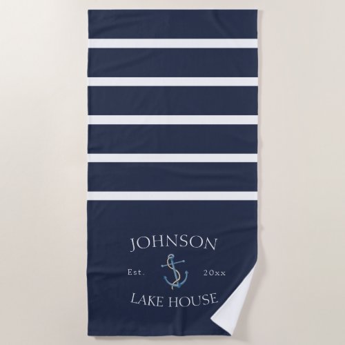 Nautical Navy Blue White Family Name Lake House Beach Towel