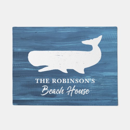 Nautical Navy Blue White Family Name Rustic Whale  Doormat