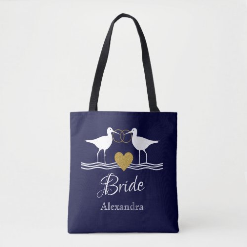 Nautical navy blue white gold wedding sandpipers   tote bag