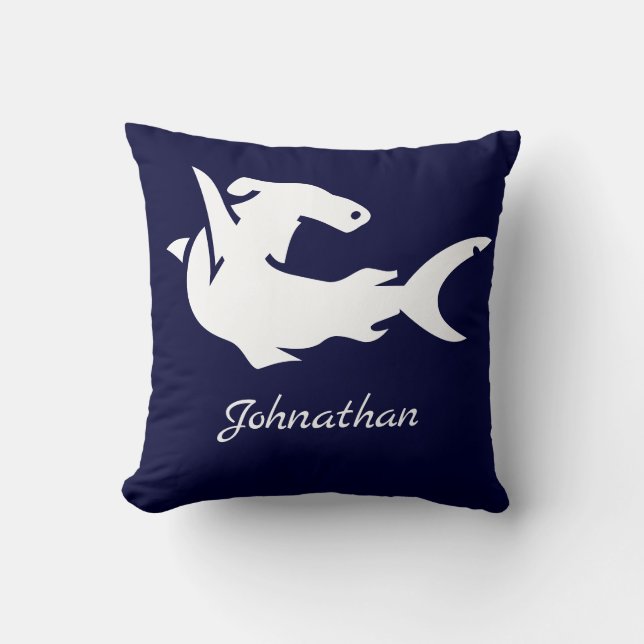 Nautical Navy Blue White Hammerhead Shark Name Throw Pillow (Front)