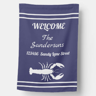 Nautical Navy Blue White Lobster Coastal Name House Flag