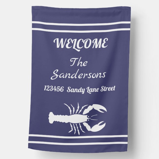 Nautical Navy Blue White Lobster Coastal  Name House Flag (Front)