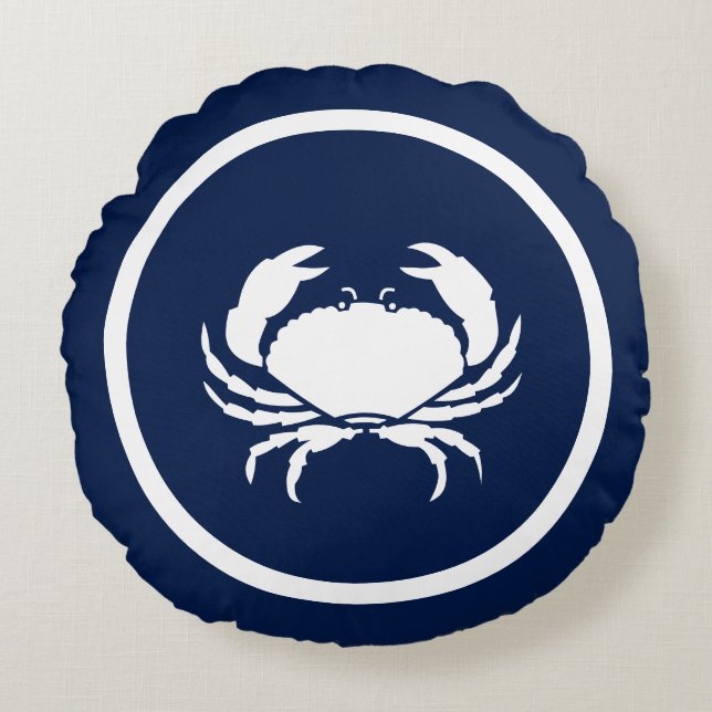 Nautical  Navy blue white Lobster CRAB Round Pillow (Front)