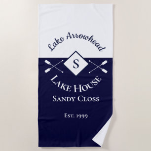 Nautical Navy Blue White Monogram Lake House Beach Towel