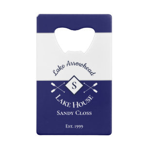 Nautical Navy Blue White Monogram Lake House Credit Card Bottle Opener