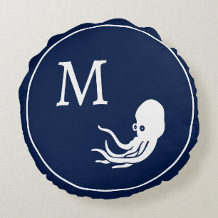 Nautical Navy blue white octopus Round Pillow