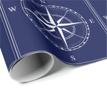 Nautical Navy Blue White Old Ship Compass Design Wrapping Paper