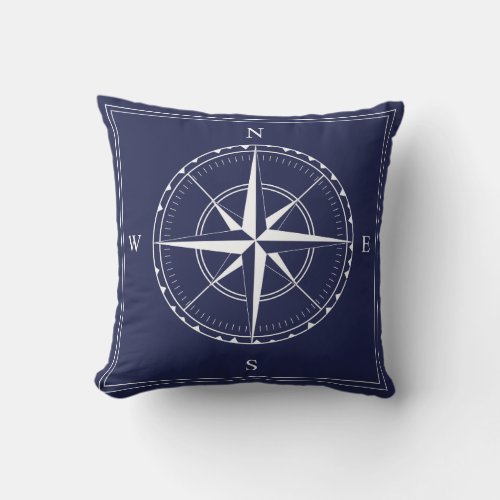 Nautical Navy Blue White Old Ships Compass Design Throw Pillow