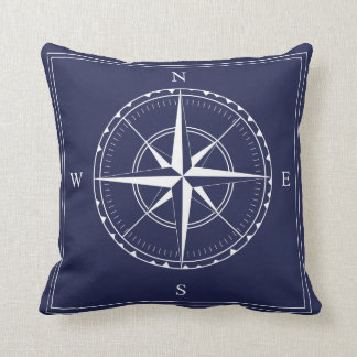 Nautical Navy Blue White Old Ships Compass Design Throw Pillow