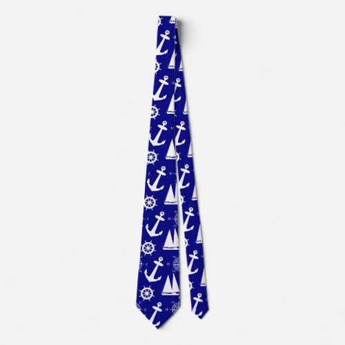 Nautical Navy Blue White Pattern Neck Tie