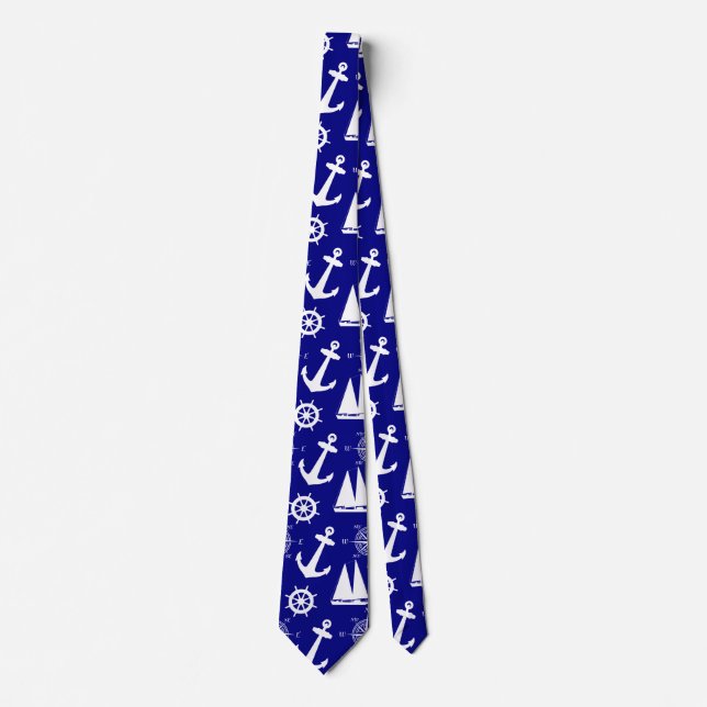 Nautical Navy Blue White Pattern Neck Tie (Front)