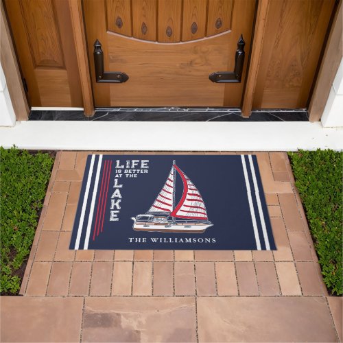 Nautical Navy Blue White Red Sail Boat Lake House Doormat