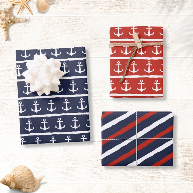 Nautical Navy Blue White Red Stripes Anchor Wrapping Paper Sheets (Creator Uploaded)
