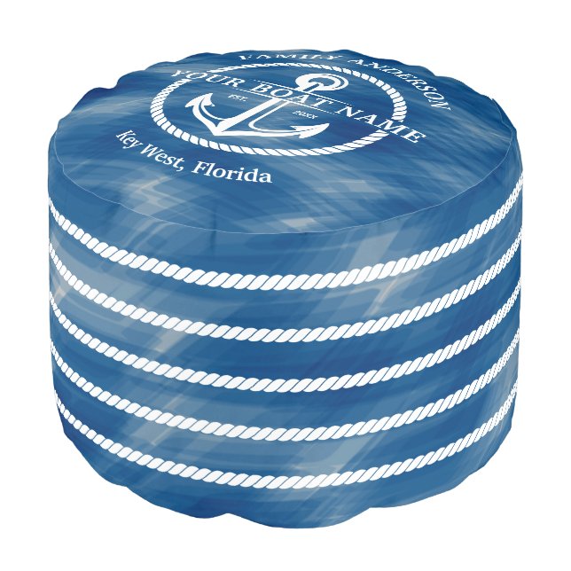 Nautical Navy Blue White Rope Anchor Family Name Pouf (Angled Front)