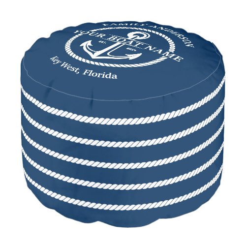 Nautical Navy Blue White Rope Anchor Family Name Pouf