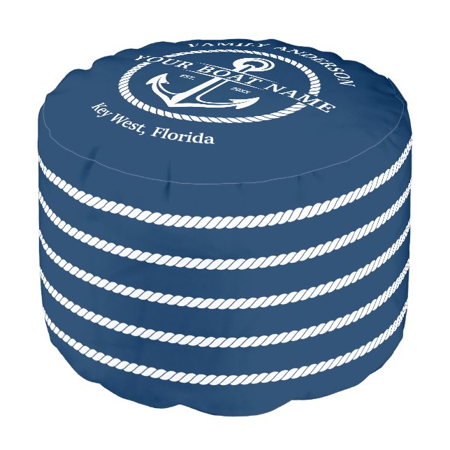 Nautical Navy Blue White Rope Anchor Family Name Pouf (Angled Front)