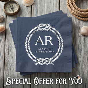 Nautical Navy Blue White Rope Border Monogram Napkins