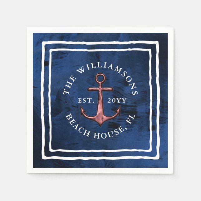 Nautical Navy Blue White Rose Gold Anchor Family Napkins (Front)