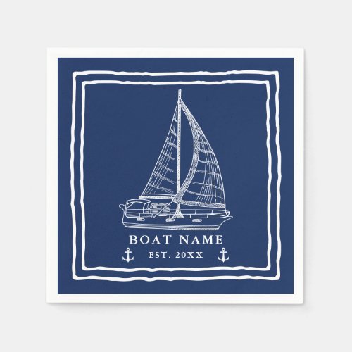 Nautical Navy Blue White Sailboat Anchor Boat Name Napkins