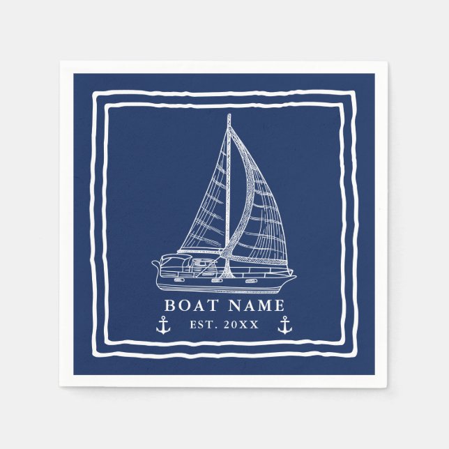 Nautical Navy Blue White Sailboat Anchor Boat Name Napkins (Front)