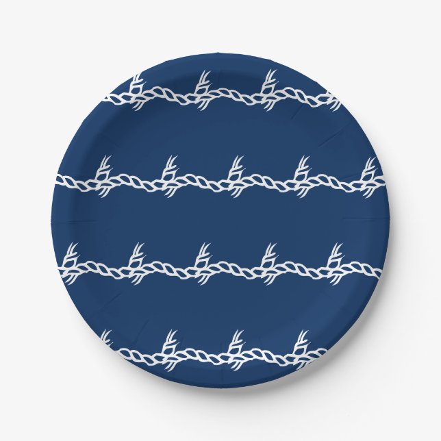 Nautical navy blue white sailing rope ocean waves paper plates (Front)
