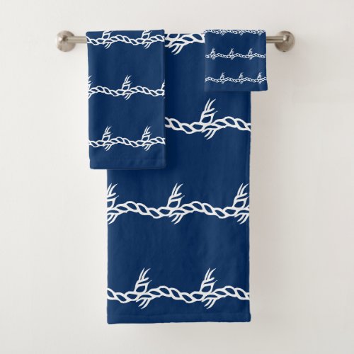 Nautical navy blue white sailing rope waves bath towel set