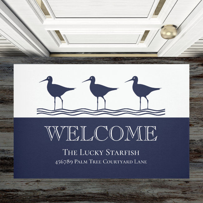 Nautical Navy Blue White Sandpiper beach house Doormat