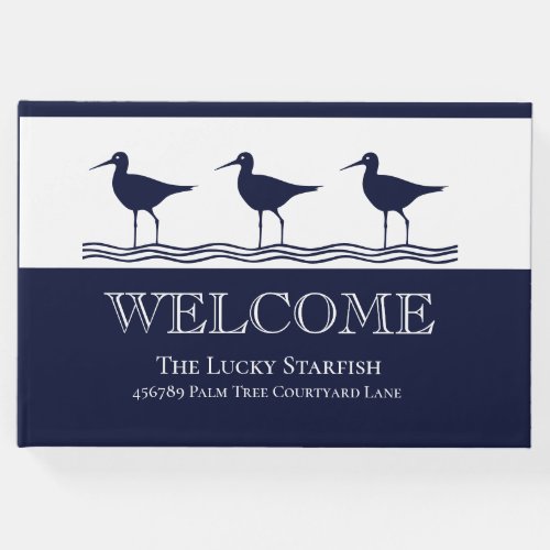 Nautical Navy Blue White Sandpiper beach house  Guest Book