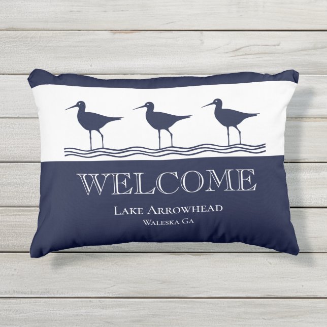 Nautical Navy Blue White Sandpiper beach house  Outdoor Pillow (Front)