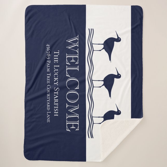 Nautical Navy Blue White Sandpiper beach house Sherpa Blanket (Front)