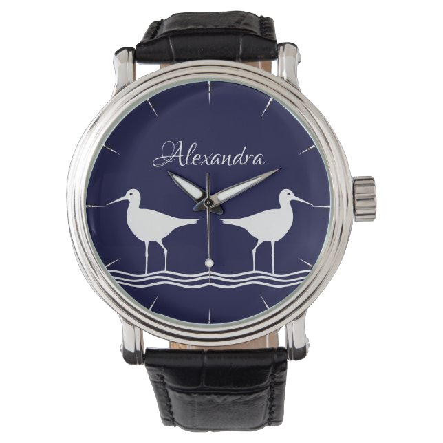 Nautical Navy Blue White Sandpiper  Watch (Front)
