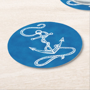Nautical Navy Blue & White Ship Anchor Beach Party Round Paper Coaster