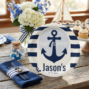 Nautical Navy Blue White Stripe Anchor Baby Shower Paper Plates