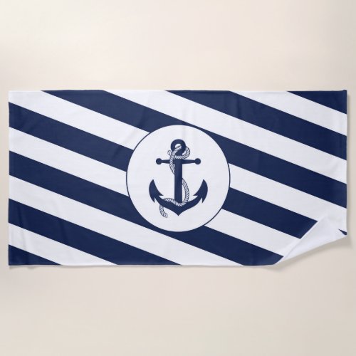 Nautical Navy Blue  White Stripe Anchor Beach Towel
