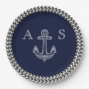 Nautical Navy Blue White Stripe Anchor Monogram Paper Plates