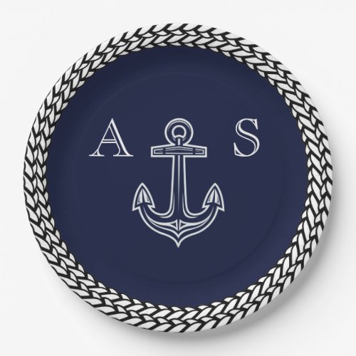 Nautical Navy Blue White Stripe Anchor Monogram  Paper Plates