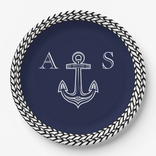 Nautical Navy Blue White Stripe Anchor Monogram  Paper Plates (Front)