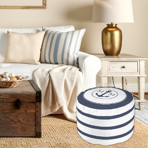 Nautical Navy Blue White Stripe Anchor Monogram Pouf